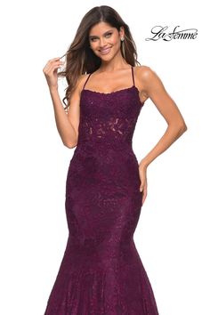 Elevate your elegance with the La Femme 30467 evening gown. This dreamy lace creation features a mermaid silhouette, corset-style waist detail, and captivating open back. Embrace timeless romance and let your inner goddess shine in this exquisitely designed dress. Horsehair Hem, Plastic Dress, Berry Color, Lace Evening Gowns, Prom Dress Stores, Lace Prom Dress, Corset Bodice, Embellished Gown, Lace Mermaid