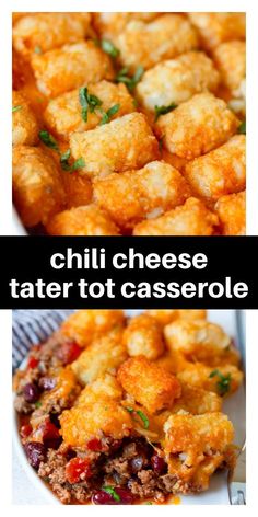 two pictures with different types of cheese tater tot casserole on them