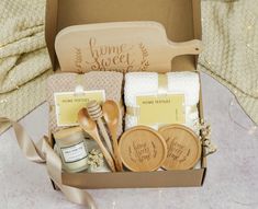 a wooden box with personal care items in it