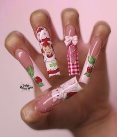 Valentines Nails Characters, Almond Strawberry Nails, Pink Strawberry Nails, Valentines Nails French, Nail Inspo Hello Kitty, Duck Nails Short, French Tip Nails Pink