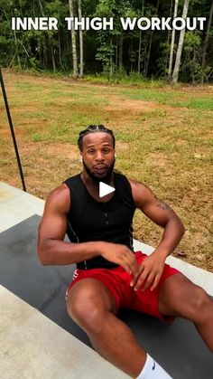 a man sitting on top of a cement slab in front of a wooded area with the words inner thigh workout