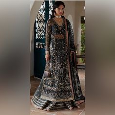 Brand: Suffuse By Sana Yasir Design: Zohreh Size: Large Chest: 22.5” Shoulder: 15.5” Shirt Length: 50.5” Pants Length: 46” Condition: Worn Only Once. Elegant Party Lehenga With Naqshi Details, Formal Semi-stitched Naqshi Lehenga, Formal Naqshi Semi-stitched Lehenga, Black Dabka Lehenga For Wedding, Semi-stitched Naqshi Lehenga For Party, Anarkali Style Party Lehenga With Naqshi Details, Anarkali Lehenga With Naqshi For Party, Black Lehenga For Eid Formal Occasion, Black Lehenga With Dabka For Party