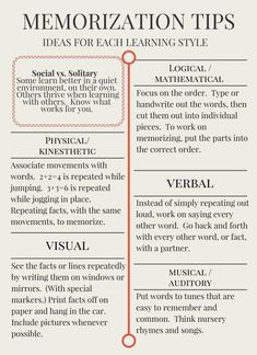 an info sheet with the words memoion tips and instructions for each learning style on it