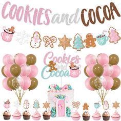 a cake and cupcakes themed birthday party with balloons, cookies and cocoa decorations