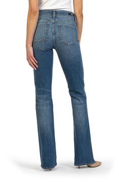 Transition from day to night in these bootcut jeans sporting flared hems and a versatile blue wash. 33 1/2" inseam; 19" leg opening; 10" front rise; 15" back rise (size 8) 91% cotton, 7% polyester, 2% elastane Machine wash, tumble dry low Imported Fitted Full-length Medium Wash Flares, Medium Wash Mid-rise Flares With Five Pockets, Medium Wash Fitted Mid-rise Flares, Mid-rise Medium Wash Flares With Five Pockets, Fitted Blue Straight Flare Jeans, Fitted Medium Wash Flare Jeans With Five Pockets, Fitted Denim Flares With Five Pockets, Day To Night, To Night