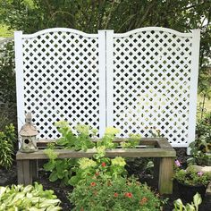 an outdoor garden area with various plants and flowers on the ground, along with a white privacy screen