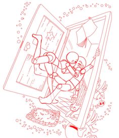 a drawing of a person falling from an open window with other objects around him and on the floor