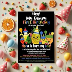 a birthday party poster with fruit and decorations on the table next to it is an orange slice