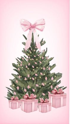 a pink christmas tree with presents under it and a bow on the top, in front of a light pink background