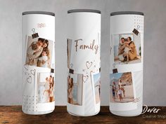 three white canisters with photos on them and the words family written in gold