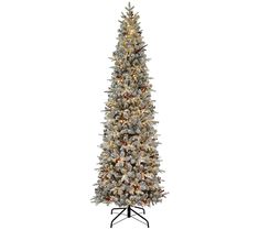 a white christmas tree with lights and snow on it's branches, against a white background