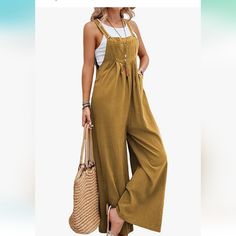 Vioegib Overalls For Women Wide Leg Casual Cotton Linen Baggy Loose Maternity Summer Beach Jumpsuit Romper Color Earth Yellow Maternity Clothes Jumpsuits & Rompers, Loose Romper, Overalls Casual, Straps Jumpsuit, Jumpsuit Casual, Suspender Pants, Loose Jumpsuit, Casual Styles, Sleeveless Rompers