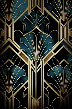 an art deco wallpaper with blue and gold colors