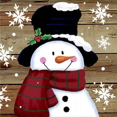 a snowman with a hat and scarf on is standing in front of a wooden background