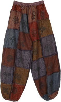 Deep-colored, casual, and stylish, these boho pants with side pockets are perfect for your next adventure! The patchwork style has a harmonious combination of dark shades of brown and red, etc. The elastic drawstring waist ensures comfort, and the loose pants have assorted hippie-style symbols which look unique. #tlb #SplitSkirtsPants #Patchwork #Yoga #Patchworkharemcottonpants #hippiecottonpants Festival Brown Patchwork Bottoms, Hippie Brown Bottoms For Fall, Brown Casual Pants For Festivals, Brown Patchwork Long Pants, Casual Brown Pants For Festival, Brown Patchwork Pants For Fall, Brown Patchwork Bottoms For Fall, Bohemian Brown Cotton Pants, Hippie Style Brown Festival Bottoms