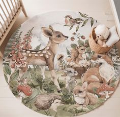 a round rug with woodland animals on it