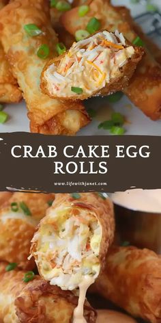 crab cake egg rolls on a plate with sauce drizzled over the top