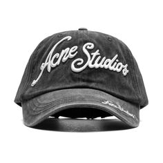 Classic dad cap with a 90s inspired vintage Acne Studios embroidery with a faded black wash for an update to a basic essential. Made with a twill cotton and features a D-ring closure. Six paneled Curved brim Embroidered logo Style No: C40326-BM0 Fresh Moodboard, Stussy Cap, Ny Hoodie, Summer Headwear, Hat Aesthetic, Distressed Hat, Logo Style, Copenhagen Style, Dad Cap