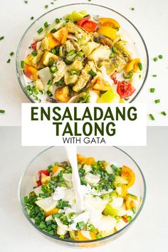 two bowls filled with vegetables and milk being poured into them to make an ensalable salad