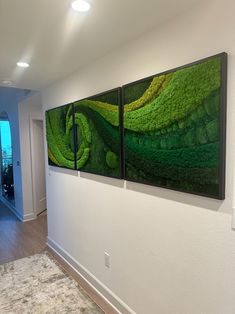 two large paintings on the wall in a room with hardwood floors and white walls, along with an area rug