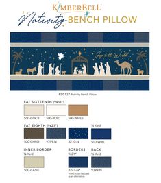 the nativity bench pillow is shown in blue and gold