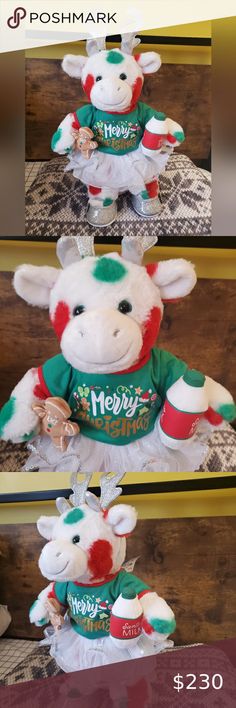 Build A Bear Christmas Holiday Mooey Cow with Outfit and Cookies & Milk Build A Bear Christmas, Cookies And Milk, Christmas Cow, Milk Shop, Bear Christmas, Shoes Silver, Merry Christmas Shirts