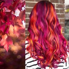 Disney Inspired Hair Color, Unique Hair Ideas Color, Bright Fall Hair Color Ideas, Purple And Peach Hair, Vivid Fall Hair Color Ideas, Vivid Peekaboo Hair, Pumpkin Hair Color, Fall Vivid Hair Color, Red And Pink Hair