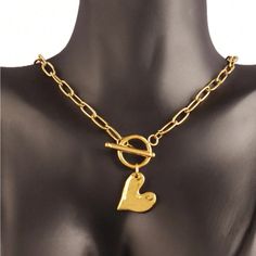 Brand New And Gorgeous 18k Gold Plated Length 17 Inch Metal Necklaces With Heart Pendant And Toggle Clasp, Gold Metal Toggle Necklace With Heart Charm, Gold Charm Necklaces With Toggle Clasp, Heart Pendant Jewelry With Toggle Clasp As Gift, Gold Heart-shaped Necklace With Toggle Clasp, Metal Toggle Necklace With Heart Pendant As Gift, Elegant Metal Toggle Necklace For Valentine's Day, Elegant Gold Toggle Necklace For Valentine's Day, Valentine's Day Heart Pendant Jewelry With Toggle Clasp