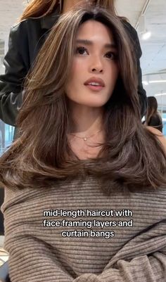 Medium Brown Wavy Hair Layers, Face Framing Layer Haircuts, Mid Length Haircut Girl Layers, Mid Hair Balayage, Hair Inspo Mid Length Curtain Bangs, Brown Girl Haircut, Mid Length Hair With Layers Oval Face, Shoulder Length Wavy Hair With Curtain Bangs, Mid Length Long Layers Haircut