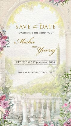 a wedding card with flowers and greenery on the front, says save the date to celebrate