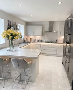 a kitchen with two bar stools and a center island