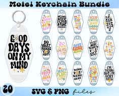 a bunch of tags with the words god days only mind in different colors and styles