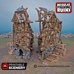 two wooden structures made out of rocks and wood with text reading modular building ruins printable scenery