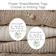 prayer shawl / blanket tags with crochet or knitting tags on top of sweaters