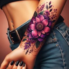 Galaxy Lotus Tattoo, Feminine Half Sleeve Tattoo Forearm, Purple Flower Tattoos For Women, Feminine Tattoos Sleeve Colorful, Lotus Flower Tattoo Designs For Women, Colourful Flower Tattoo, Colorful Arm Tattoos For Women, Half Sleeve Tattoos For Women Upper Arm, Lotus Hand Tattoo