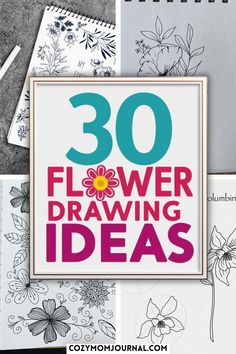 Collage of various black and white flower drawings, featuring a central text saying "30 Flower Drawing Ideas". Flower Drawing Ideas, Floral Doodle, Bullet Journal Ideas, Garden Crafts Diy, Sketchbook Art Journal, Watercolor Wash, Sketchbook Ideas, Sketchbook Pages, Flower Doodles