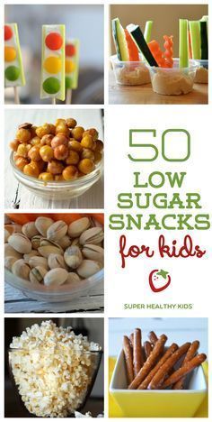 some food is shown with the words 50 low sugar snacks for kids to eat on it