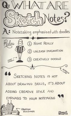 an open notebook with handwritten notes on what are sketch notes? written in black ink