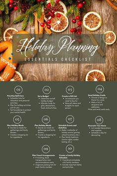 the holiday menu is shown with oranges, cinnamons and cranberries on it