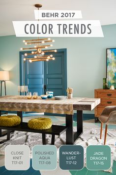 the color trend for this dining room is blue and green