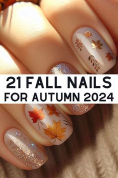 Simple Fall Nail Designs Leaves, Short Fall Leaves Nails, Fall Leaves Nails 2023, Nail Leaves Designs, Fall Nail Leaf Design, Diy Thanksgiving Nails Easy, Mail Designs Fall, Autumn Leaves Nail Art, Fall Nail Designs With Leaves