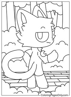 a cartoon cat with clouds and trees in the background, coloring pages for children to color