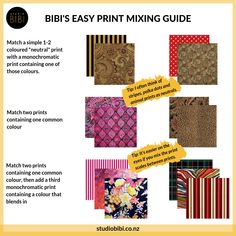 a poster with different patterns and colors on it, including the words'bibi's easy print mixing guide