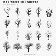 the silhouettes of trees are shown in different styles and sizes, including one that has no leaves