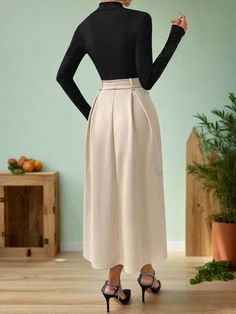 Chic and Classy: Two-Tone Button Detail Belted Dress Beige Pleated Dress For Formal Occasions, Beige Formal Dress With Pleated Skirt, Chic Solid Color Dress For Office Wear, Chic Solid Color Office Dress, Elegant Office Dress With Pleated Skirt, Chic Solid Color Dress With Belt, Chic Solid Dresses With Belt, Elegant Beige Dress With Belt, Elegant Beige Office Wear Dress