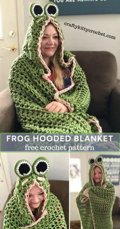 a woman wrapped in a frog hooded blanket