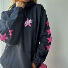 Black hoodie, boyfriend fit. Our model is wearing size large (unisex). Size up for an oversized fit. 50% cotton, 50% polyester. Casual Long Sleeve Star Print Hoodie, Sporty Cotton Sweatshirt With Star Print, Black Hoodie Sweatshirt With Star Print, Cotton Long Sleeve Hoodie With Star Print, Oversized Long Sleeve Hoodie With Star Print, Casual Oversized Hoodie With Star Print, Oversized Fall Sweatshirt With Star Print, Fall Star Print Hoodie Sweatshirt, Star Print Hoodie Sweatshirt For Fall