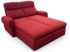 a red reclining couch with two pillows on it's back and one arm extended