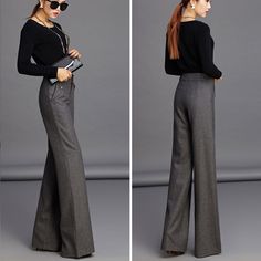 "These dark grey Warm Wool Long Pants are the perfect addition to any wardrobe! They will keep you warm, while still being stylish. These pants feature a straight leg, a smooth lined trouser, and a functional front pocket. They can be paired with any number of tops included sweaters, blouses, button downs, etc. Make more fashion forward choices with these pants! DETAIL * 30% wool, 30% fiber, 40% polyester * Two front pockets * Wide leg Long pants * Front button closure * High waist Pants * Perfe Winter Trousers, Look Office, Grey Slacks, Pants Pocket, Loose Trousers, Winter Pants, Pocket Pants, Palazzo Pants, Office Fashion