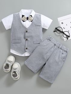 Light Grey Party Collar Short Sleeve  Colorblock  Embellished Non-Stretch  Young Boys Clothing Suit Pants, Boys Suits, Elastic Waist Pants, Waist Pants, Toddler Boy Outfits, Formal Occasion, Cocktail Party, Two Piece Outfit, Kids Boys